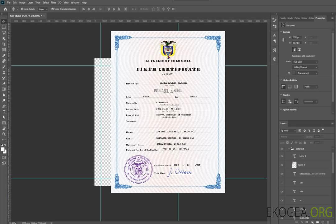 Modèle PSD de certificat de naissance en Colombie template Modèle PSD de certificat de naissance en Colombie template